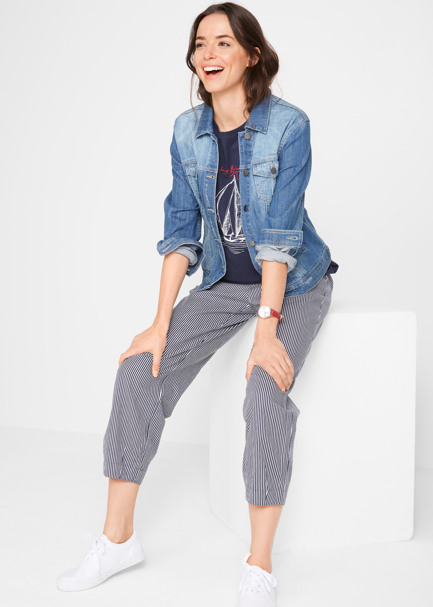 bonprix Nohavice s plátnom, 7/8-ová dĺžka, farba modrá