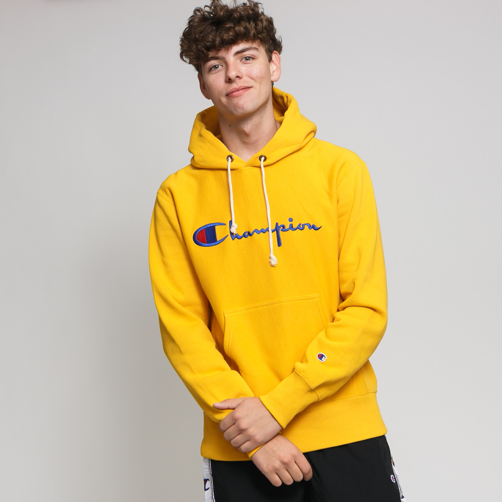 champion yellow reverse weave hoodie