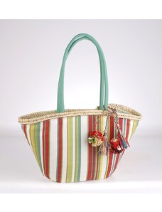 Košík zo sušenej palmy Kbas s pruhovaným vzorom a ozdobami na rúčkach zelený 085610V