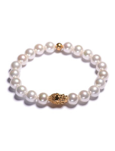 Lavaliere Dámsky perlový náramok – biele shell perly, budha zlato M - 17 cm