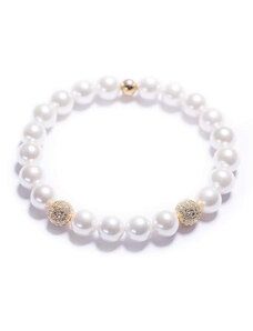 Lavaliere Dámsky perlový náramok – biele shell perly z mušlí, disko guľa zlato M - 17 cm