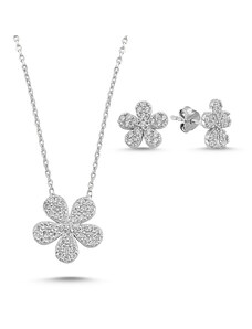 Klenoty Amber Strieborná sada šperkov kvetina zo zirkónov- náušnice, náhrdelník