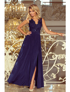 numoco Dlhé tmavo modré dámske šaty bez rukávov s vyšívaným výstrihom model 6369438