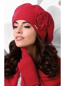 Kamea Červená luxusná elegantná dámska baretka na zimu s kvetom Vicenza, Farba červená