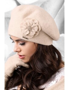 Kamea Béžová luxusná elegantná dámska baretka na zimu s kvetom Vicenza, Farba béžová