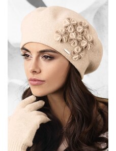 Kamea Béžová luxusná elegantná dámska zimná baretka s kvietkami Gorycja, Farba béžová