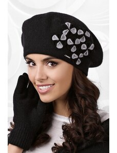 Kamea Čierna luxusná elegantná dámska zimná baretka s kvietkami Gorycja, Farba čierna