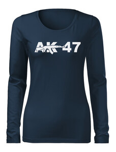 DRAGOWA Slim dámske tričko s dlhým rukávom AK-47, tmavo modrá 160g/m2