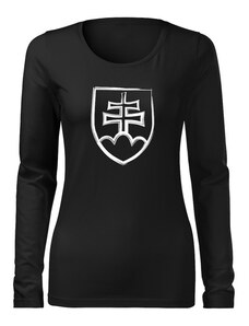 DRAGOWA Slim dámske tričko s dlhým rukávom slovenský znak, čierna 160g/m2