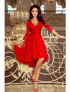 numoco Červené dámske šaty s dlhším zadným dielom a čipkovaným výstrihom model 7162273