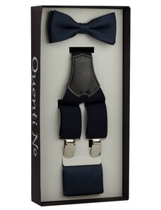 Quentino Tmavo modrý Luxusný pánský set Traky s motýlkem a kapesníčkem s jemným vzorem