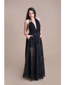 Luxusné spoločenské dlhé šaty BABYLON čipkované - farba čierna