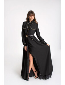 Luxusné dlhé košeľové šaty s čipkou BABYLON - farba čierna