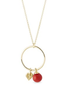 Zlatý náhrdelník s koralom a lístkom na kruhu KLENOTA K0712113
