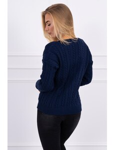 MladaModa Úpletový sveter s vrkočovým vzorom a véčkovým výstrihom farba námornícka modrá
