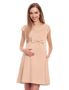 MladaModa Tehotenské šaty s vreckami a výraznou mašľou vpredu model 0129 béžové