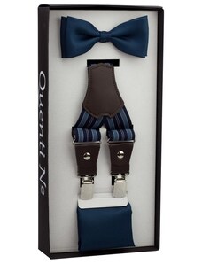 Quentino Tmavo modrý Luxusný pánský set Traky prúžkované s koženým středem a Motýlik s vreckovkou