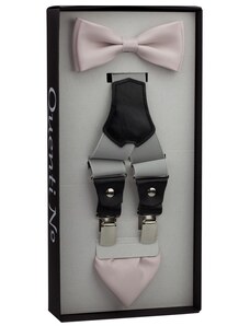 Quentino Starorůžovo šedý Luxusný pánský set Traky s koženým středem a Motýlik s vreckovkou