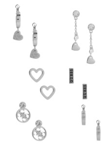 GUESS náušnice Silver-tone Pave Heart Earrings Set, 12337