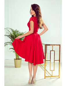 numoco PATRICIA - Červené dámske šaty s dlhším zadným dielom a čipkovým výstrihom 300-2