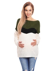 MladaModa Trojfarebný tehotenský sveter model 40023 farba khaki+ecru