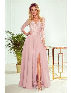 numoco AMBER - Elegantné dlhé krajkové dámske šaty v púdrovo ružovej farbe s dekoltom 309-4