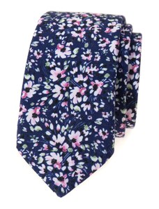 Tmavo modrá slim kravata s ružovými kvetmi Avantgard 571-233