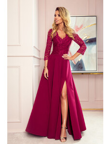 NUMOCO Elegantné bordové čipkované dlhé šaty s výstrihom ELISA 309-1