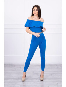 MladaModa Komplet nohavice + top s volánmi farba kráľovská modrá