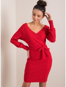 Basic Dámske červené rebrované šaty s dlhým rukávom a mašľou