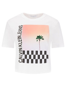 Calvin Klein dámské bílé tričko s potiskem PALM TREE PHOTO LOGO SLIM TEE