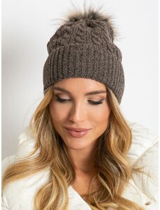Fashionhunters Knitted cap with fur pompom, dark brown