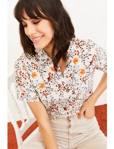 Bianco Lucci Dámska ľanová košeľa s krátkym rukávom s kvetinovým vzorom oranžová