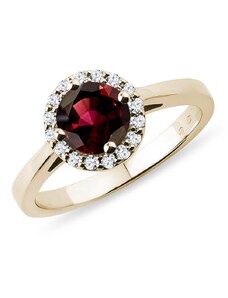 Zlatý prsteň halo s granátom a diamantmi KLENOTA K0030013