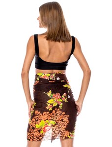 Fashionhunters Dark brown pareo with floral patterns