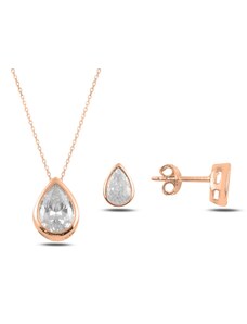 Klenoty Amber Strieborná sada šperkov zirkónová kvapka rosegold- náušnice, náhrdelník