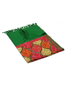 Pranita Kašmírsky vlnený šál Jate M zelený s výšivkou ladenou do ružovej a červenej farby