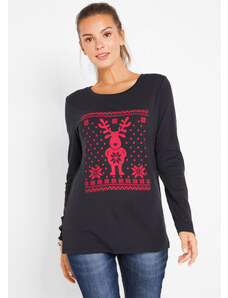 bonprix Bavlnené tričko s dlhým rukávom a vianočným motívom, farba čierna