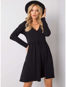 Basic Bavlnené čierne šaty áčkového strihu s dlhým rukávom a výstrihom
