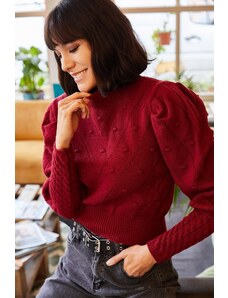 Olalook Dámsky klaret červený, malý rukáv s brmbolcom, detailný pás, pletený sveter