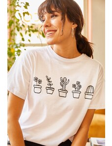Olalook Dámske biele tričko Cactus s potlačou