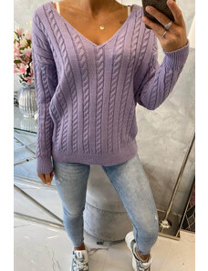 MladaModa Úpletový sveter s vrkočovým vzorom a véčkovým výstrihom farba lila