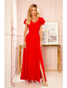 numoco LIDIA - Dlhé červené dámske šaty s volánikmi a dekoltom 310-2