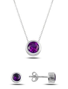 Klenoty Amber Strieborná sada šperkov kôstky fialový kameň - náušnice, náhrdelník