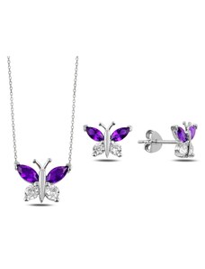 Klenoty Amber Strieborná sada šperkov motýľ fialový - náušnice, náhrdelník