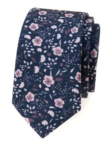 Modrá slim kravata s ružovými kvetmi Avantgard 571-1981