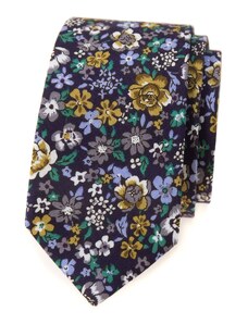 Tmavo fialová slim kravata s farebnými kvetmi Avantgard 571-51014