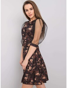 Basic Čierne spoločenské šaty s béžovým kvetinovým vzorom a priesvitnými rukávmi