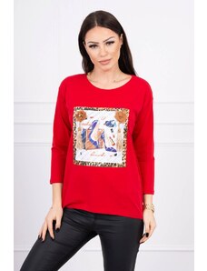 Kesi Blouse with 3D graphics and decorative pom pom red