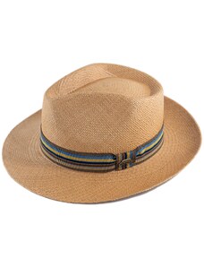Fiebig - Headwear since 1903 Letný slamený klobúk Fedora - ručne pletený - s viacfarebnou stuhou - Ekvádorská panama 1398414